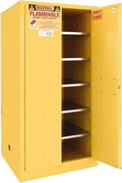 Securall Cabinets - 2 Door, 5 Shelf, Yellow Steel Standard Safety Cabinet for Flammable and Combustible Liquids - 65" High x 31" Wide x 31" Deep, Manual Closing Door, 3 Point Key Lock, 120 Gal Capacity - Top Tool & Supply