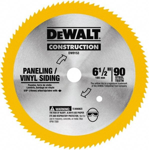 DeWALT - 6-1/2" Diam, 5/8" Arbor Hole Diam, 90 Tooth Wet & Dry Cut Saw Blade - Tungsten Carbide-Tipped, Fast Cutting Action, Diamond Arbor - Top Tool & Supply