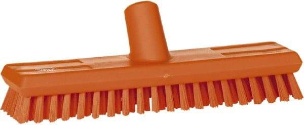 Vikan - 1" Bristle Length, Polyester Scrub Brush - 10-5/8" Long x 2-1/2" Wide Head, 11" OAL, European Threaded Handle, Orange, Polypropylene Block - Top Tool & Supply