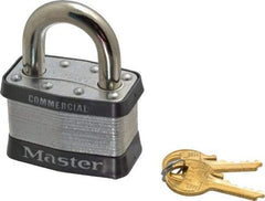 Master Lock - 1" Shackle Clearance, Keyed Different Padlock - 15/16" Shackle Width, 3/8" Shackle Diam, Laminated Steel - Top Tool & Supply