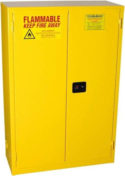 PRO-SAFE - 2 Door, 2 Shelf, Yellow Steel Standard Safety Cabinet for Flammable and Combustible Liquids - 65" High x 43" Wide x 18" Deep, Self Closing Door, 3 Point Key Lock, 45 Gal Capacity - Top Tool & Supply