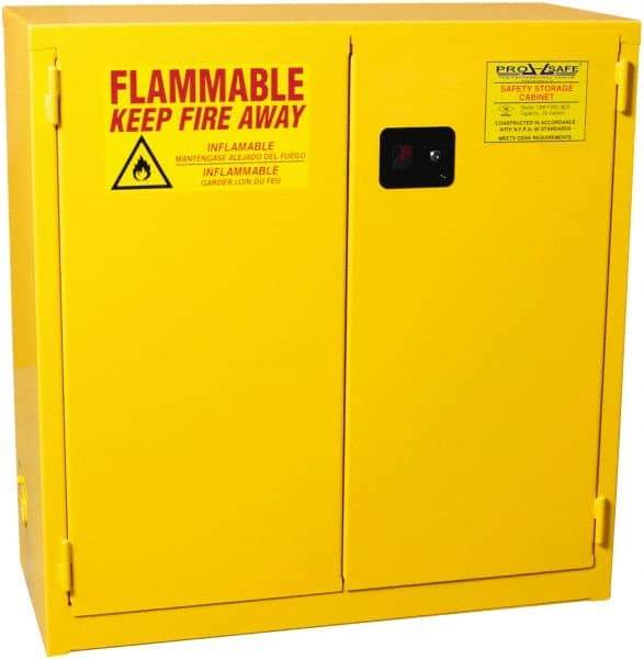 PRO-SAFE - 2 Door, 1 Shelf, Yellow Steel Standard Safety Cabinet for Flammable and Combustible Liquids - 44" High x 43" Wide x 18" Deep, Self Closing Door, 3 Point Key Lock, 30 Gal Capacity - Top Tool & Supply