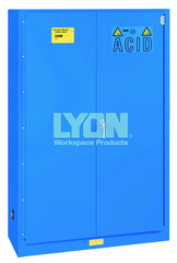 Acid Storage Cabinet - #5545 - 43 x 18 x 65" - 45 Gallon - w/2 shelves, three poly trays, bi-fold self-closing door - Blue Only - Top Tool & Supply