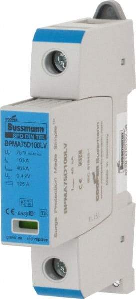 Cooper Bussmann - 1 Pole, 1 Phase, 10 kA Nominal Current, 90mm Long x 18mm Wide x 65mm Deep, Thermoplastic Hardwired Surge Protector - DIN Rail Mount, 100 VDC, 75 VAC, 100 VDC, 75 VAC Operating Voltage, 40 kA Surge Protection - Top Tool & Supply