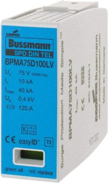 Cooper Bussmann - 1 Pole, 1 Phase, 10 kA Nominal Current, 90mm Long x 18mm Wide x 65mm Deep, Thermoplastic Hardwired Surge Protector - DIN Rail Mount, 100 VDC, 75 VAC, 100 VDC, 75 VAC Operating Voltage, 40 kA Surge Protection - Top Tool & Supply