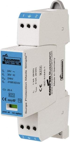 Cooper Bussmann - 2 Pole, 1 Phase, 1 kA Nominal Current, 90mm Long x 18mm Wide x 66mm Deep, Thermoplastic Hardwired Surge Protector - DIN Rail Mount, 48 VAC/VDC, 60 VAC/VDC Operating Voltage, 2 kA Surge Protection - Top Tool & Supply