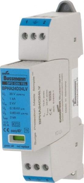 Cooper Bussmann - 2 Pole, 1 Phase, 1 kA Nominal Current, 90mm Long x 18mm Wide x 66mm Deep, Thermoplastic Hardwired Surge Protector - DIN Rail Mount, 24 VAC/VDC, 30 VAC/VDC Operating Voltage, 4 kA Surge Protection - Top Tool & Supply