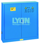 Wall-Mount Bench Acid Cabinet - #5566 - 43 x 12 x 44" - 20 Gallon - w/5 shelves, six poly trays, 2-door manual close - Blue Only - Top Tool & Supply