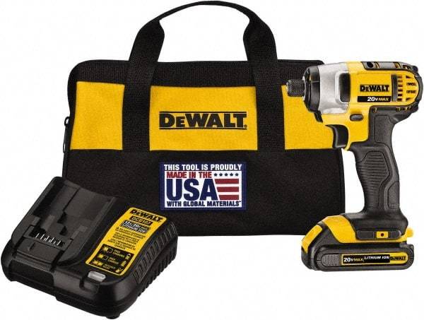 DeWALT - 20 Volt, 1/4" Drive, 117 Ft/Lb Torque, Cordless Impact Driver - Mid-Handle, 2800 RPM, 1 Lithium-Ion Battery Included - Top Tool & Supply