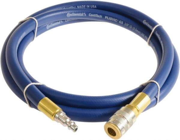 Continental ContiTech - 3/8" ID x 0.6" OD 5' Long Multipurpose Air Hose - Industrial Interchange Safety Coupler x Male Plug Ends, 300 Working psi, -10 to 158°F, 1/4" Fitting, Blue - Top Tool & Supply