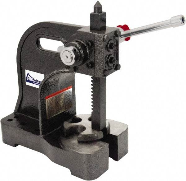 Gibraltar - 1-1/2" Ram, 5-1/4" Throat Depth, 3 Ton Manual Arbor Press - 12-1/2" Max Work Height x 16-1/2" Max Work Width, Single Leverage, 20:1 Leverage Ratio, 8-1/2" Base Width x 10" Base Depth - Top Tool & Supply