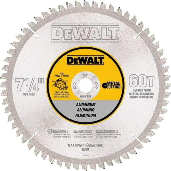 DeWALT - 7-1/4" Diam, 5/8" Arbor Hole Diam, 60 Tooth Wet & Dry Cut Saw Blade - High Speed Steel, Crosscut Action, Standard Round Arbor - Top Tool & Supply