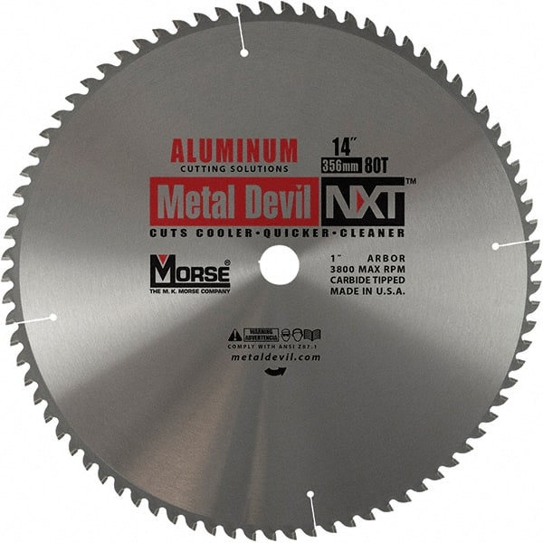 Wet & Dry Cut Saw Blade: 14″ Dia, 1″ Arbor Hole, 0.102″ Kerf Width, 80 Teeth Solid Carbide Teeth, Use on Aluminum, Round Arbor