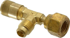 Parker - 500 Max psi, 1/4 Tube OD, Forged Flared Female Run Swivel Tee with Depressor Access Valve - Brass - Top Tool & Supply