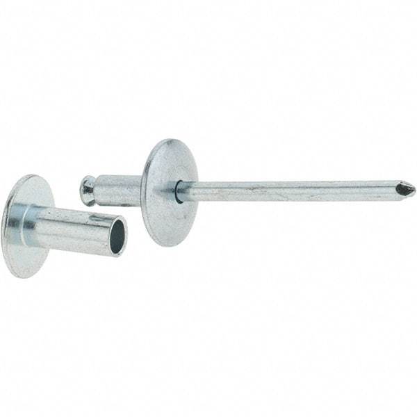 RivetKing - Size 8-12 Dome Head Steel Flush on Both Sides Blind Rivet - Steel Mandrel, 5/8" to 3/4" Grip, 5/8" Head Diam, 0.255" Min Hole Diam, 0.58" Length Under Head, 1/4" Body Diam - Top Tool & Supply