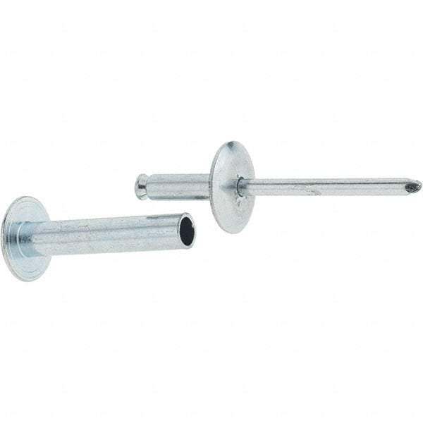 RivetKing - Size 8-26 Dome Head Steel Flush on Both Sides Blind Rivet - Steel Mandrel, 1-3/8" to 1-5/8" Grip, 5/8" Head Diam, 0.255" Min Hole Diam, 1.32" Length Under Head, 1/4" Body Diam - Top Tool & Supply