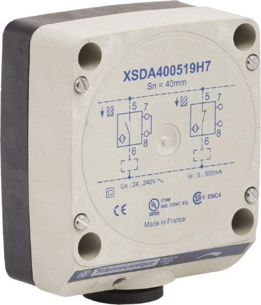 Telemecanique Sensors - NPN, PNP, NO/NC, 40mm Detection, Rectangular, Inductive Proximity Sensor - 2 Wires, IP67, 24 to 240 VAC, 80mm Wide - Top Tool & Supply