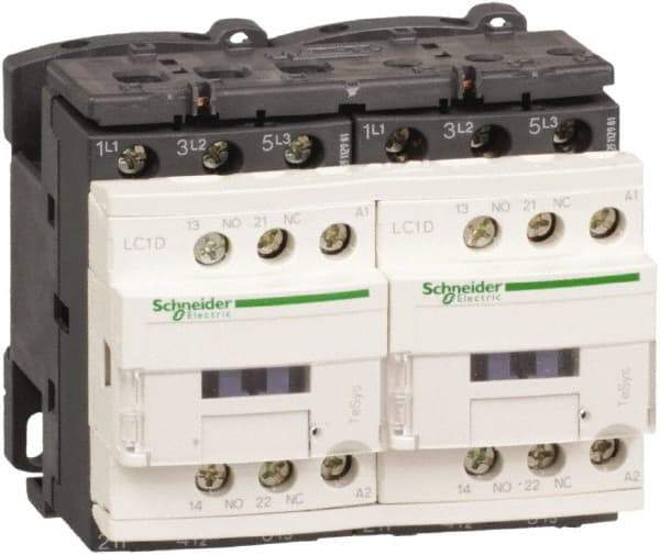 Schneider Electric - 3 Pole, 24 Coil VDC, 12 Amp at 440 VAC, Reversible IEC Contactor - 1 Phase hp: 1 at 115 VAC, 2 at 230/240 VAC, 3 Phase hp: 10 at 575/600 VAC, 3 at 200/208 VAC, 3 at 230/240 VAC, 7.5 at 460/480 VAC - Top Tool & Supply