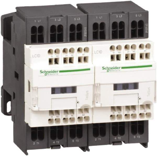 Schneider Electric - 3 Pole, 24 Coil VDC, 9 Amp at 440 VAC, Reversible IEC Contactor - 1 Phase hp: 0.5 at 115 VAC, 1 at 230/240 VAC, 3 Phase hp: 2 at 200/208 VAC, 2 at 230/240 VAC, 5 at 460/480 VAC, 7.5 at 575/600 VAC - Top Tool & Supply