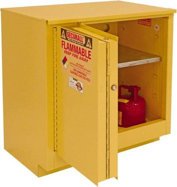 Securall Cabinets - 2 Door, 1 Shelf, Yellow Steel Under the Counter Safety Cabinet for Flammable and Combustible Liquids - 35-5/8" High x 35" Wide x 22" Deep, Sliding Door, 3 Point Key Lock, 24 Gal Capacity - Top Tool & Supply