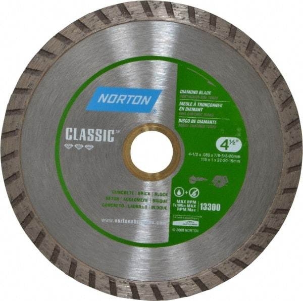 Norton - 4-1/2" Diam, 5/8 & 7/8" Arbor Hole Diam, Wet & Dry Cut Saw Blade - Diamond-Tipped, Standard Round Arbor - Top Tool & Supply