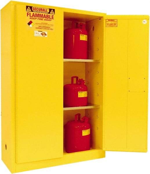 Securall Cabinets - 2 Door, 2 Shelf, Yellow Steel Standard Safety Cabinet for Flammable and Combustible Liquids - 65" High x 43" Wide x 18" Deep, Manual Closing Door, 3 Point Key Lock, 45 Gal Capacity - Top Tool & Supply