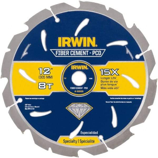 Irwin Blades - 12" Diam, 1" Arbor Hole Diam, 8 Tooth Wet & Dry Cut Saw Blade - Diamond-Tipped, Smooth Action, Standard Round Arbor - Top Tool & Supply