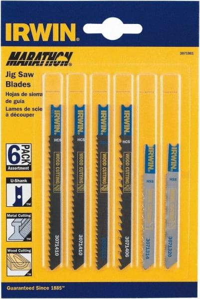 Irwin Blades - 6 Piece, 3-1/4" to 4" Long, 6 to 20 Teeth per Inch, Bi-Metal and Carbon Jig Saw Blade Set - Toothed Edge, U-Shank - Top Tool & Supply