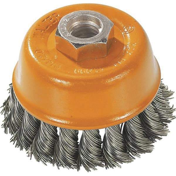 WALTER Surface Technologies - 3" Diam, 1/2-13 Threaded Arbor, Steel Fill Cup Brush - 0.015 Wire Diam, 12,000 Max RPM - Top Tool & Supply