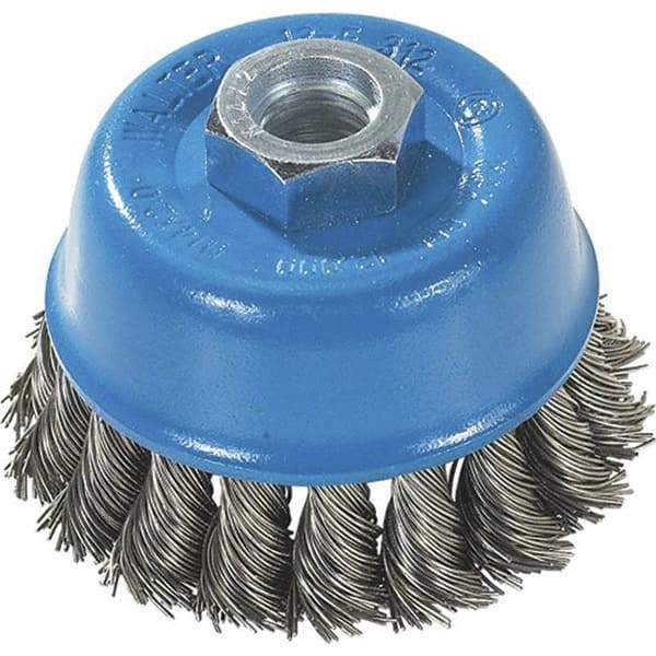 WALTER Surface Technologies - 3" Diam, M10x1.25 Threaded Arbor, Stainless Steel Fill Cup Brush - 0.015 Wire Diam, 12,000 Max RPM - Top Tool & Supply