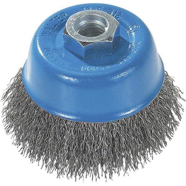 WALTER Surface Technologies - 3" Diam, M14x2.00 Threaded Arbor, Stainless Steel Fill Cup Brush - 0.0118 Wire Diam, 12,000 Max RPM - Top Tool & Supply