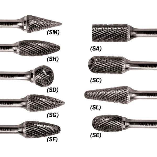 WALTER Surface Technologies - 1/2" Cut Diam, 1/4" Shank Diam, Cylinder Ball End Head Single Cut Burr - Carbide, 1" LOC - Top Tool & Supply