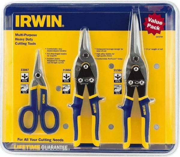 Irwin - 3 Piece Aviation Snip Set - Left, Right, Straight, 7, 10, 11-3/4" OAL, 1-5/16, 2, 3-1/8" LOC - Top Tool & Supply