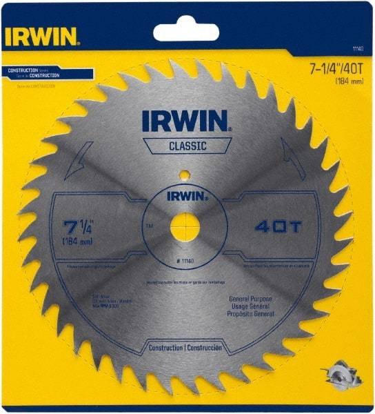 Irwin Blades - 7-1/4" Diam, 5/8" Arbor Hole Diam, 40 Tooth Wet & Dry Cut Saw Blade - High Carbon Steel, Smooth Action, Diamond Arbor - Top Tool & Supply