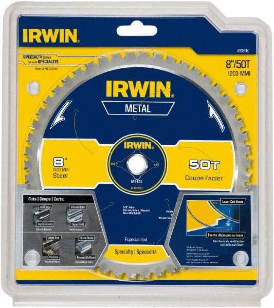 Irwin Blades - 8" Diam, 5/8" Arbor Hole Diam, 50 Tooth Wet & Dry Cut Saw Blade - Carbide-Tipped, Smooth Action, Standard Round Arbor - Top Tool & Supply