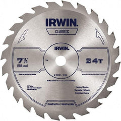 Irwin Blades - 7-1/4" Diam, 5/8" Arbor Hole Diam, 24 Tooth Wet & Dry Cut Saw Blade - Carbide-Tipped, Smooth Action, Diamond Arbor - Top Tool & Supply