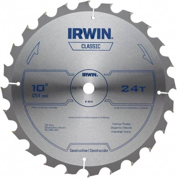 Irwin - 10" Diam, 5/8" Arbor Hole Diam, 24 Tooth Wet & Dry Cut Saw Blade - Carbide-Tipped, Smooth Action, Diamond Arbor - Top Tool & Supply