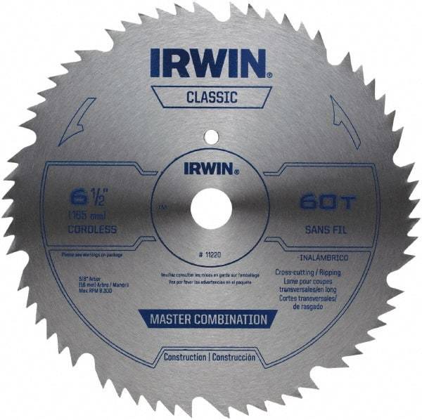 Irwin - 6-1/2" Diam, 5/8" Arbor Hole Diam, 60 Tooth Wet & Dry Cut Saw Blade - High Carbon Steel, Smooth Action, Standard Round Arbor - Top Tool & Supply