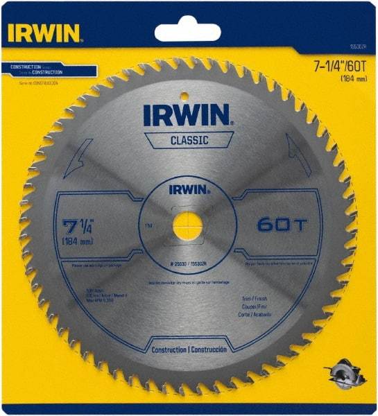 Irwin Blades - 7-1/4" Diam, 5/8" Arbor Hole Diam, 60 Tooth Wet & Dry Cut Saw Blade - Carbide-Tipped, Smooth Action, Diamond Arbor - Top Tool & Supply