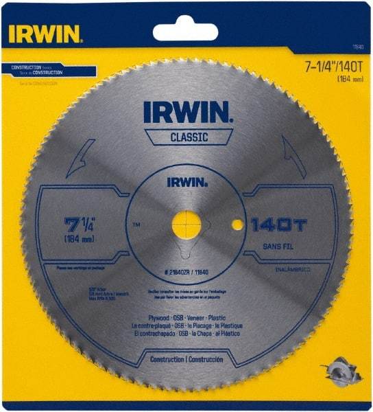 Irwin Blades - 7-1/4" Diam, 5/8" Arbor Hole Diam, 140 Tooth Wet & Dry Cut Saw Blade - High Carbon Steel, Smooth Action, Diamond Arbor - Top Tool & Supply