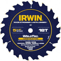 Irwin Blades - 5-3/8" Diam, 10mm Arbor Hole Diam, 18 Tooth Wet & Dry Cut Saw Blade - Carbide-Tipped, Straight Action, Standard Round Arbor - Top Tool & Supply