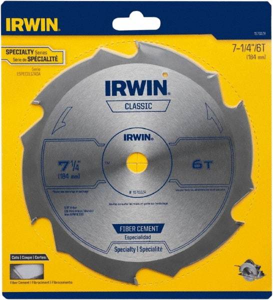 Irwin Blades - 7-1/4" Diam, 5/8" Arbor Hole Diam, 6 Tooth Wet & Dry Cut Saw Blade - Diamond-Tipped, Smooth Action, Diamond Arbor - Top Tool & Supply