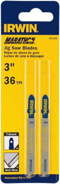 Irwin Blades - 3" Long x 0.039" Thick x 0.295" Wide, 36 Teeth per Inch, Bi-Metal Jig Saw Blade - Toothed Edge, T-Shank, Mill Tooth Set - Top Tool & Supply