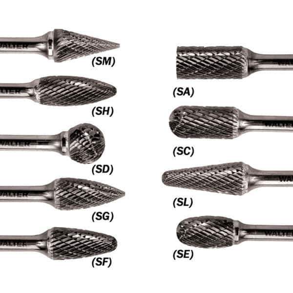 WALTER Surface Technologies - 1/2" Cut Diam, 1/4" Shank Diam, Flame Head Double Cut Burr - Carbide, 1-1/4" LOC - Top Tool & Supply