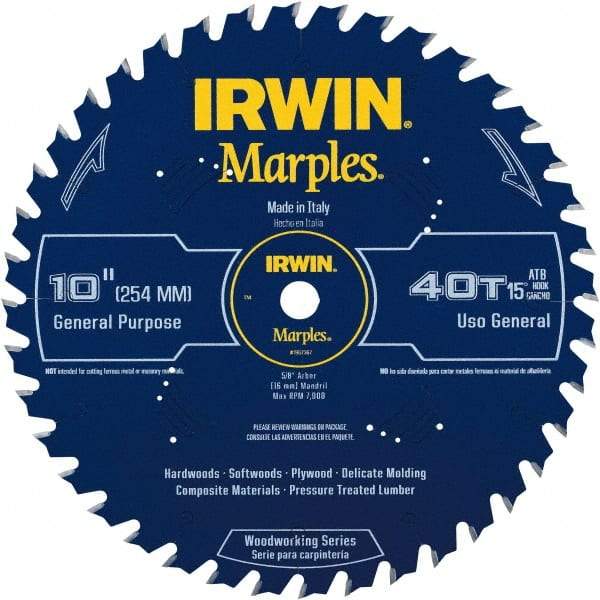 Irwin Blades - 10" Diam, 5/8" Arbor Hole Diam, 40 Tooth Wet & Dry Cut Saw Blade - Carbide-Tipped, Finishing Action, Standard Round Arbor - Top Tool & Supply