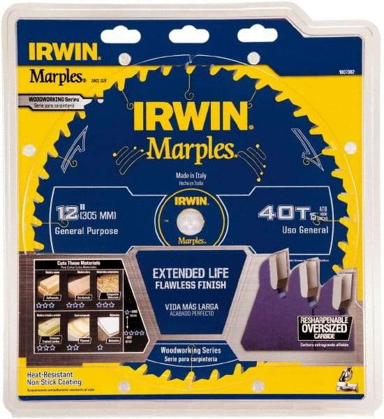 Irwin Blades - 12" Diam, 1" Arbor Hole Diam, 40 Tooth Wet & Dry Cut Saw Blade - Carbide-Tipped, Finishing Action, Standard Round Arbor - Top Tool & Supply