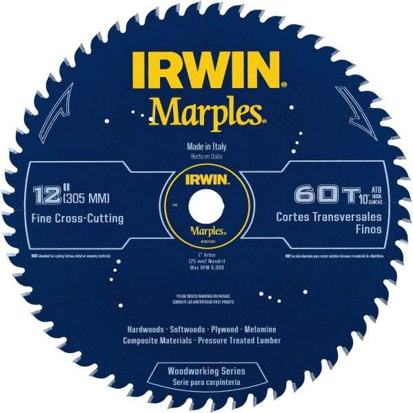 Irwin - 12" Diam, 1" Arbor Hole Diam, 60 Tooth Wet & Dry Cut Saw Blade - Carbide-Tipped, Finishing Action, Standard Round Arbor - Top Tool & Supply