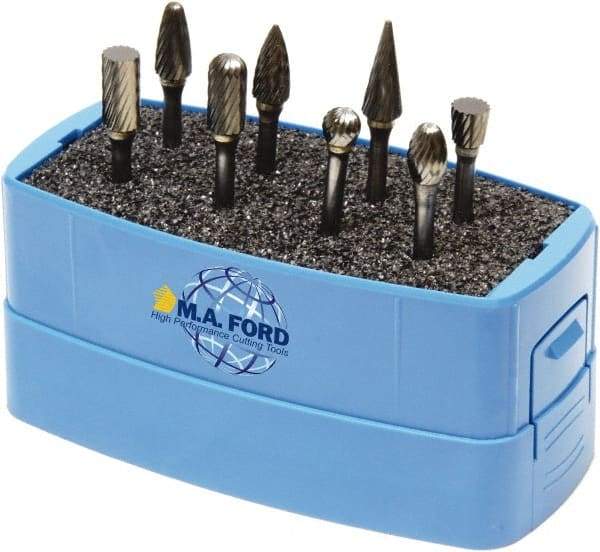 M.A. Ford - 8 Piece, 3mm Shank Burr Set - Solid Carbide, Multiple Head Shapes, 3° Included Angle - Top Tool & Supply