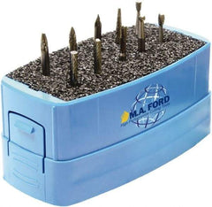 M.A. Ford - 10 Piece, 3mm Shank Burr Set - Solid Carbide, Multiple Head Shapes, 3° Included Angle - Top Tool & Supply