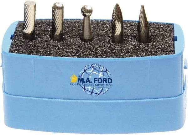 M.A. Ford - 5 Piece, 6mm Shank Burr Set - Solid Carbide, Multiple Head Shapes, 6° Included Angle - Top Tool & Supply